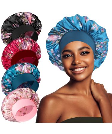 4PCS Silk Bonnet Satin Bonnet Silk Sleep Cap for Sleeping  Hair Bonnet for Sleeping Bonnets for Black Women  Wide Band Silk Bonnet for Curly Hair. Set E