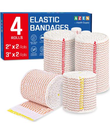 AZEN Premium 4 Pack Elastic Bandage Wrap (2x2" 2x3") Compression Wrap Bandage for Legs Ankle Knee Tummy Body Latex-Free Lymphedema Wraps for Legs