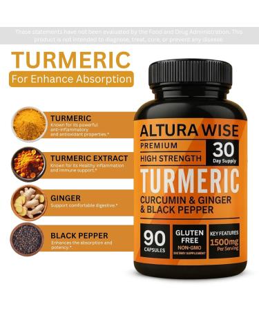 AlturaWise 4 in 1 Organic Turmeric Capsules High Strength and Black Pepper with Active Curcumin with Ginger 1500mg - Advanced Tumeric - Each 90 Veg Capsule is Organic (3 Capsules per Serving) - Buy Online on GoSupps.com