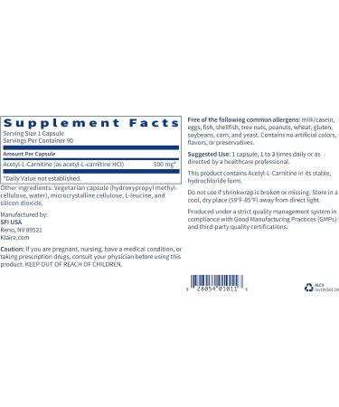 Klaire Labs Acetyl-L-Carnitine 500mg Capsules - Cognitive & Energy Support - Buy Online on GoSupps.com