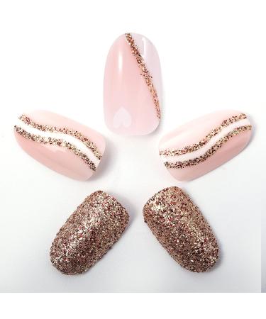 Novo Ovo Short Oval Almond Pink French Tip Press-On Nails - Glitter White Heart Artificial Fingernails with Glue | Shop Internationally! - Buy Online on GoSupps.com