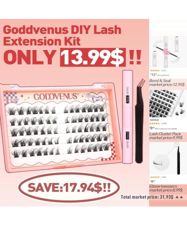 DIY Lash Extension Kit: 100 Pcs Lash Clusters with Waterproof Bond, Seal, and Tweezers - Goddvenus (7-14-16 Mixed) - Buy Online on GoSupps.com