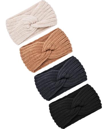 4 Pieces Chunky Knit Headbands Braided Winter Headbands Ear Warmers Crochet Head Wraps for Women Girls Black, Dark Grey, Camel, Beige