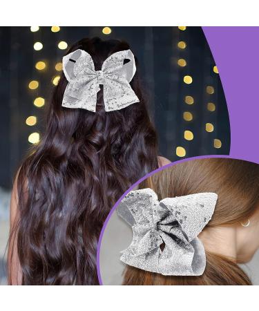 Sibba 8 Inch Sequin Hair Bow Clip for Girls and Women - Silver Glitter Oversized Barrette for Pigtail Hairstyles - Sweet Accessory - Buy Online on GoSupps.com