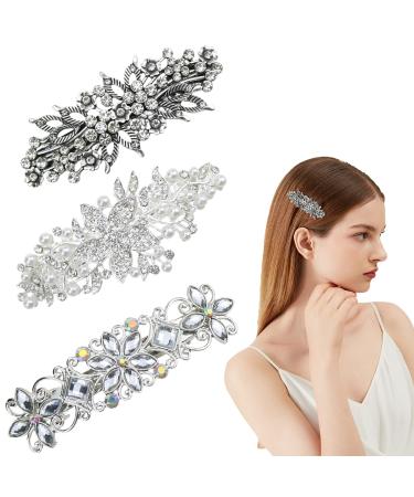 3 pieces of hair clips with rhinestones flower design vintage style antique style flower crystal beads hair clip hair accessories for women
