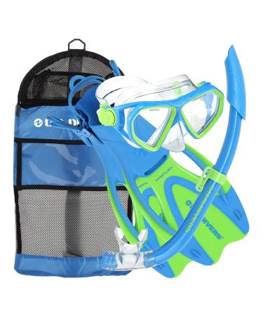 U.S. Divers Dorado Jr Kids Snorkeling Set - Fog Resistant Lens, Preventative Splashguard Snorkel, Adjustable Fins - Play Series | Unisex, Children (Ages 6+) FUN BLUE Medium (1 - 4)