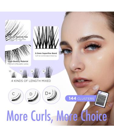 Beyelian D+ Curl Cluster Eyelashes - 144 Pcs Luxury DIY Eyelash Extensions Super Thin Black Band 0.07mm 10-16mm Mixed Lengths - Buy Online on GoSupps.com