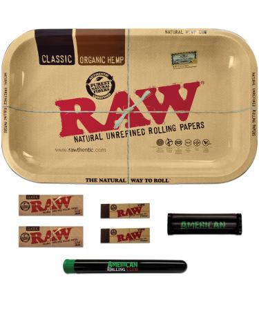 RAW Rolling Tray Combo Includes Tray, 1 1/4 Rolling Papers, Original Tips, and American Rolling Club 79mm Rolling Machine and Tube (Small)
