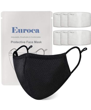 Euroca Reusable Face Masks with Filter Made from Mesh Fabric Breathable Washable with Nose Clips Adjustable Ear Loop for Men Women Teens (Woman Black)