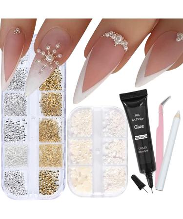 VOTACOS Nail Art Pearls with Nail Rhinestones Glue Gel Flatback Pearls Nail Charms Luxurious Nail Supplies Accessories Gold Silver Nail Gems Jewelry Pearls for Women Nail Design White