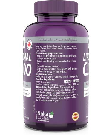 Naka Platinum LIPOSOMAL C1000 featuring 1000 mg/dose Non-Allergen High Potency Liposomal Buffered Vitamin C (180 softgels 333mg/softgel) 180 count (Pack of 1) 333mg/softgel - Buy Online on GoSupps.com
