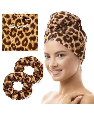 THE PERFECT HAIRCARE Microfiber Hair Towel Wrap + 2 Smooth Large Hair Drying Tie for Wet Hair - Anti-Frizz Gentle Absorbent Hair Scrunchies or Face Washing Wristband Leopard
