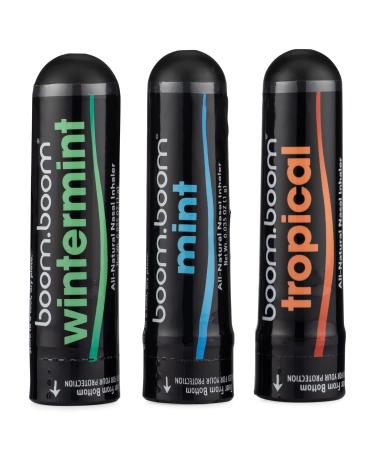 Aromatherapy Nasal Stick (3 Pack) by BoomBoom | Enhance Breathing + Boost Focus | Breathe Vapor Stick Provides Fresh Cooling Sensation | Made with Essential Oils + Menthol (Mint, Wintermint, Tropical)