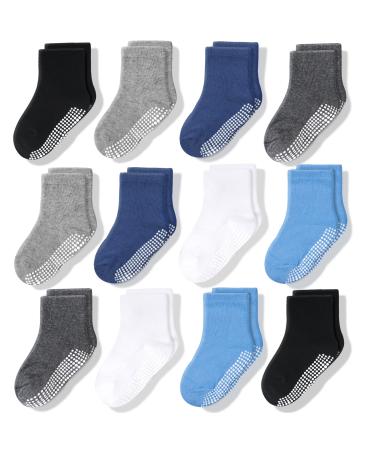 CozyWay Kids Non Slip Cotton Crew Socks Baby Socks Toddler Socks Anti Skid With Grips Striped for Children Toddler Boys & Girls 3-5 Years Boys Solid Colors w/ Dark Grey 12 Pairs