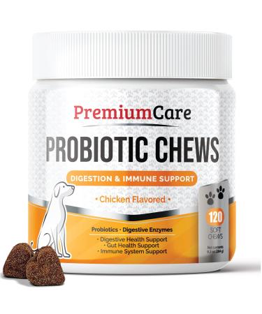 Premium Care Probiotics for Dogs - Advanced Dog Probiotics and Digestive Enzymes - Gut Flora, Digestive and Bowel Health Support - Pet Probiotic Supplement Chews for Dogs - 120 Chews