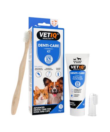 VETIQ Denti-Care Kit Enzymatic Toothpaste Helps Fight Tartar Reduce Dental Plaque. Contains Bamboo Toothbrush and Silicone Finger Sleeve. for Dogs and Cats.