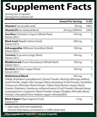 Sea Moss Black Seed Oil Ashwagandha Ginger Organic Sea Moss Capsules with Burdock Root Irish Seamoss Pills with Bladderwrack Turmeric Shilajit Multimineral Supplement USA (120 Capsules) 120 Count (Pack of 1) - Buy Online on GoSupps.com