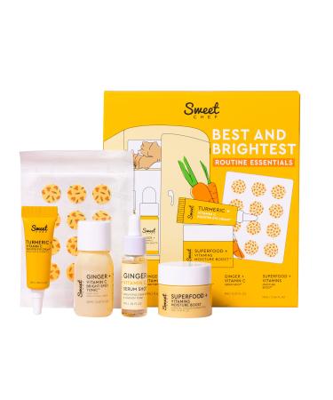 Sweet Chef Best & Brightest Essentials  5 Piece Travel Holiday Gift Set - Carrot Ginger Blemish Patches  Ginger + Vitamin C Face Serum & Tonic  Turmeric + Vit C Eye Cream + Superfood Moisture Cream