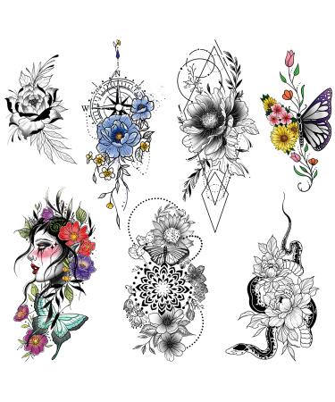 STALT 2 Sheets Large Flower Temporary Tattoos For Women Girl Waterproof Color and Black Tattoo Stickers 3D Rose Peony Blossom Lady Shoulder Sexy Arm Pattern Arms Legs Back