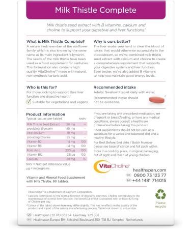 Healthspan Milk Thistle Complete (90 Tablets) | 50mg Milk Thistle Extract | with B Vitamins Calcium & Choline to Support Your Digestive Health & Liver Function | Vegan Friendly - Buy Online on GoSupps.com