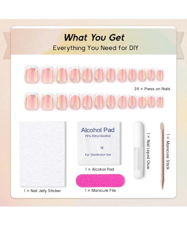 Iridescent Chrome Press On Nails - Short Pastel Pink French Tips | Reusable Fake Nails Kit (24 Nails 12 Sizes) for Women s Party Wear - Buy Online on GoSupps.com