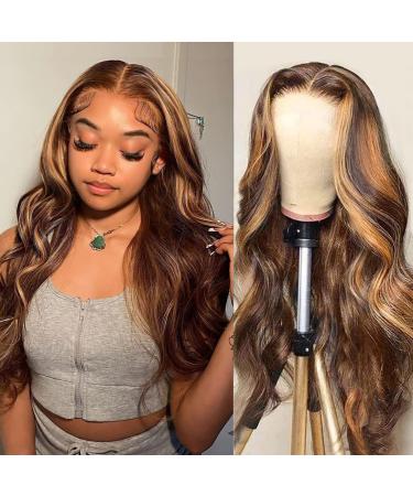 Highlight Lace Front Wigs Human Hair Ombre 4/27 Honey Blonde Human Hair Wigs for Black Women 13x4 Hd Transparent Lace Front Wigs Pre Plucked With Baby Hair 150% Density Body Wave Wigs (18inch) 18 Inch Highlight 4/27