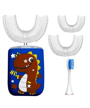 BubblezKidz  Kids Electric Toothbrush  U Shaped Dinosaur Cartoon  Ultra Sonic 6 brush Cleaning Modes w/ Smart Timer  Ages 2-18 Years Old  IPX7 Waterproof, Rechargeable, With Stickers Brown Dinosaur