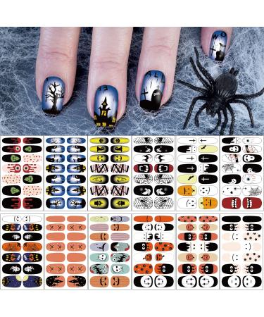 SOGAYU 12 Sheets Halloween Full Nail Wraps Art Stickers, Nail Polish Strips Nail Decals DIY Self-Adhesive Pumpkin Bat Ghost Spider Vampire Pattern with 2 Piece Nail Files for Party Decor (168 Pieces) Halloween,12 Sheets,Fu