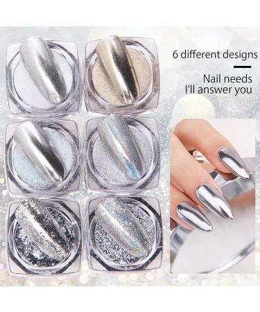 Chrome Nail Powder 6 Boxes Aurora Magic Mirror Effect Silver Holographic Glitter Sequins for DIY Nail Art - Buy Online on GoSupps.com