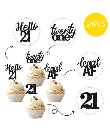 24 PCS 21st Birthday Cupcake Toppers - Hello 21 Twenty One Picks for Cake Decorations in Black - Buy Online on GoSupps.com