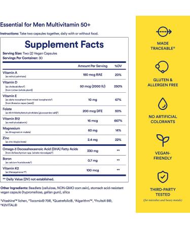 Ritual Men's 50+ Multivitamin with Zinc, Vitamins A & D3 for Immune Support | Omega-3 DHA, B12, K2 | Gluten-Free, Non-GMO | 30 Day Supply, 60 Vegan Capsules - Buy Online on GoSupps.com