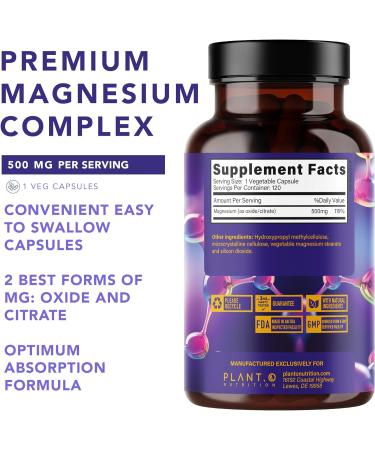 Plant.O Premium Magnesium Supplement 500mg - Vegan Oxide & Citrate Complex for Sleep, Calm & Muscle Relaxation - High Absorption Natural Energy Booster - Non-GMO, 120 Veggie Capsules - Buy Online on GoSupps.com