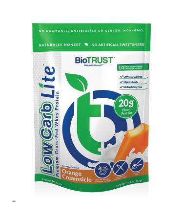 BioTRUST Low Carb Lite, 20 Grams of Grass-Fed Whey Protein Isolate, 100 Calories, ProHydrolase Digestive Enzymes, Non-GMO, Free from Soy and Gluten, rBGH-Free (14 Servings) (Orange Cream)
