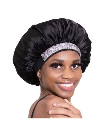 BONNET QUEEN Black Wide Elastic Band Silk Bonnet Satin Bonnet Glitter Bonent Rhinestone Bonnet Bling Bonnet Night Sleeping Cap bonet for Women Medium Black