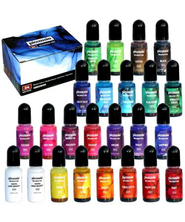 Alcohol Ink Set - 24 Highly Saturated Alcohol Inks - Acid-Free, Fast-Drying and Permanent Alcohol-Based Inks - Versatile Alcohol Ink for Epoxy Resin, Tumblers, Fluid Art Painting, Glass, Metal etc.