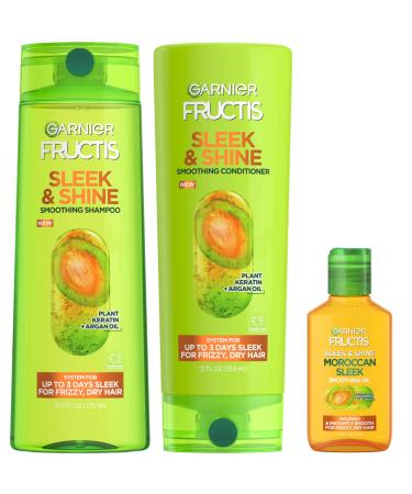 Garnier Fructis Sleek & Shine Shampoo, Conditioner + Moroccan Sleek Oil Set for Frizzy, Dry Hair, Argan Oil (3 Items), 1 Kit (Packaging May Vary) 3 Piece Set