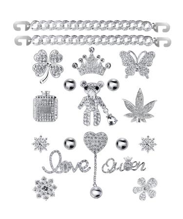 Bling Chain Charms for Clog Shoes Decoration, Luxury Rhinestone Cute Diamond Bear Love Flower Butterfly Crown Trend Designer Jewelry Shoe Accessories for Women Girls Teens Adults Gifts (Silver)