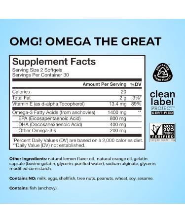 HUM OMG! Omega The Great Triple Omega 3 Fish Oil Supplement for Women & Men with Vitamin E DHA & EPA Skin Care & Skin Tone Support for Heart & Brain Health Gluten Free Non GMO 60 Softgels - Buy Online on GoSupps.com