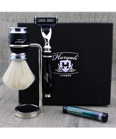 Haryali London 4-part men's shaving set with 3 razor blades and shaving brush made of pure white roof hair stand and alum perfect set for men