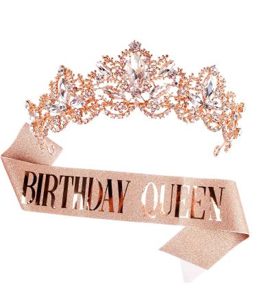 Birthday Crowns for Women  Aprince Birthday Tiaras for Women Crowns and Tiaras for Women Girls Birthday Crown and Birthday Queen Sash Rose Gold Crown Queen tiara for Wedding Prom Party Halloween