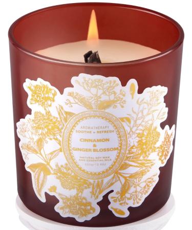 Cinnamon Ginger Blossom Candle - Warm Cinnamon Ginger Clove & Vanilla Winter & Fall Scented Soy Candles for Home - Natural Wood Wick Fragrant Candles Relaxing Aromatherapy Candle for Women & Men