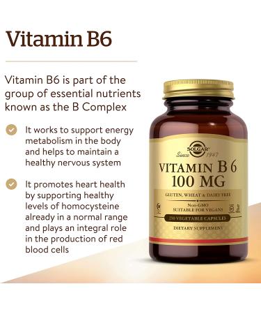 Solgar Vitamin B6 100 mg - 250 Non-GMO Vegetable Capsules for Energy & Mood - Buy Online on GoSupps.com