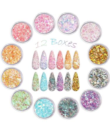 12 Colors Mermaid Nail Chunky Glitter - Ultra-Thin Fluorescent Glass Paper Sequin Flakes Sticker for Nail Art, Hair, Body - DIY Craft Supplies - Buy Online on GoSupps.com