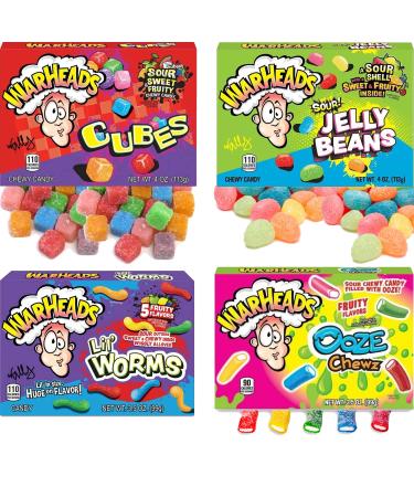 Warheads Cubes Jelly Beans Lil Worms Ooze Chewz Candy Box - 4 x Random Mixed Warheads Candy Box