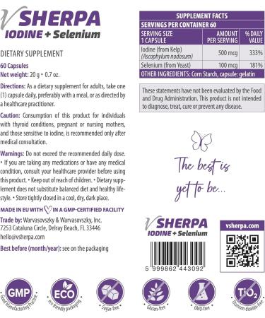 vSherpa Iodine + Selenium, Premium Quality Dietary Supplement for Thyroid Health, Hormonal Balance, and Immune Support, Supports Metabolism and Energy Levels, Gluten-Free, Non-GMO, 60 Capsules - Buy Online on GoSupps.com