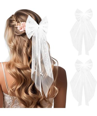 Gjinxi Bridal Hair Bow Veil Vintage Wedding Hairclip Pearl Ribbon Long Hairpin Bride Headband Bachelorette Party Decoration Accessories Bride Shower Gift Hairholders Bridesmaid Favors Barrettes(White) - Buy Online on GoSupps.com