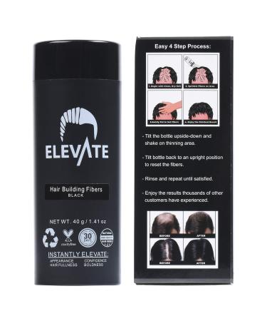 ELEVATE Hair Fibers for Thinning Hair (BLACK) - GIANT 40g Bottle - 100% Natural & Undetectable Keratin Fibers to Instantly & Completely Conceal Thinning Balding Hair Loss in 30 Seconds for Men & Women 40 Gram Black