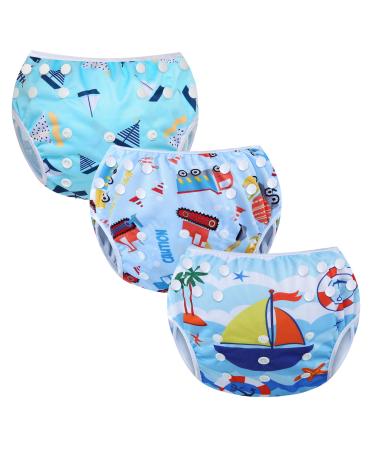 Codkkre swimming diaper baby reusable swimming diaper adjustable young girls 3 pieces of swimming trousers from 0 to 3 years (tractor+boot+ship)