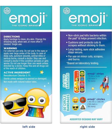 Emoji Kids Assorted Bandages 100 ct - Super Fun Designs | Adhesive Antibacterial Bandages for Cuts, Scrapes, Burns - Easter Basket Stuffers for Kids - Buy Online on GoSupps.com