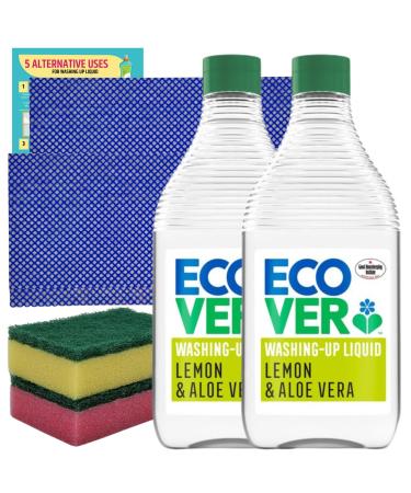 Eco Washing up Liquid Bundle with 2x Ecover Washing up Liquid Lemon & Aloe Vera 450ml 2x Sponge Scourer 2x All Purpose Cloths and 1x JenBurr leaflet - Buy Online on GoSupps.com
